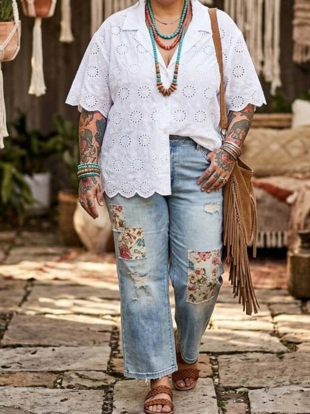 HUE Plus Size 3X White Eyelet Camp Shirt Boho Coastal Cotton Button Up